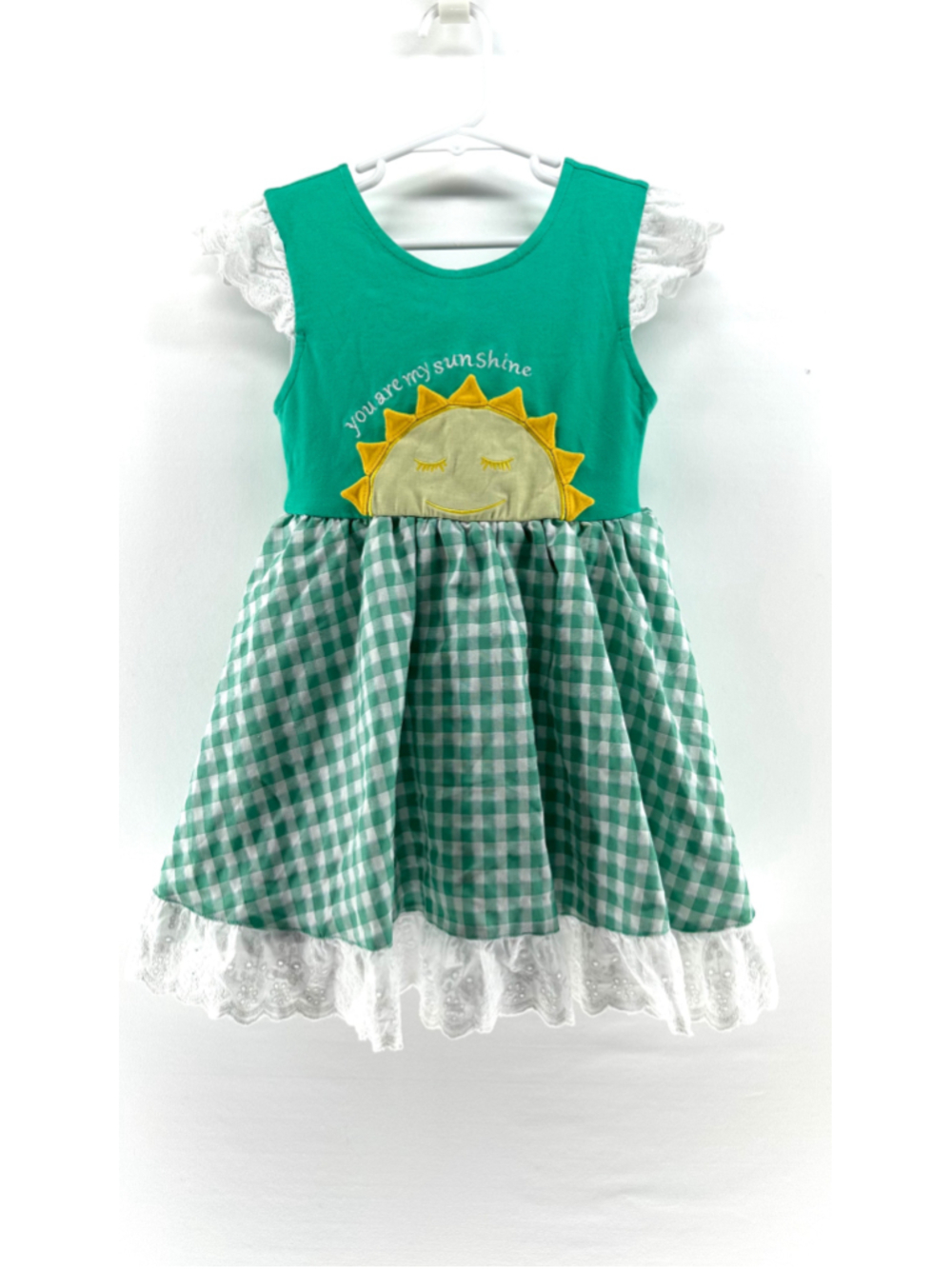 ROYAL ORCHARD twinnerific YOU ARE MY SUNSHINE Dress GIRLS 5T Green White Gingham - Picture 2 of 9